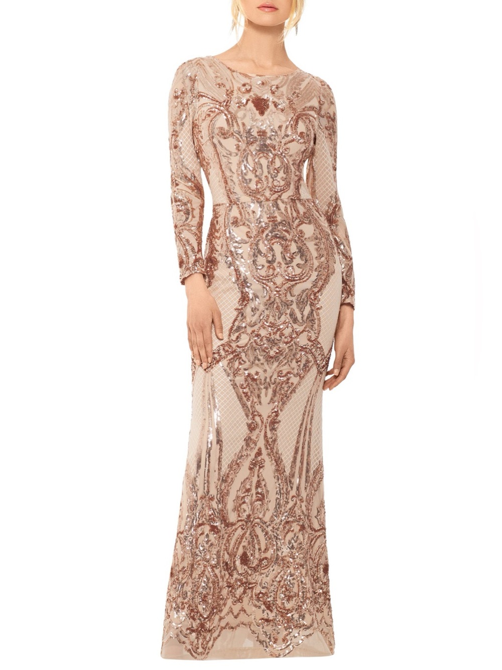 BETSY & ADAM PETITE champagne Sequin Long Sleeve Column maxi Gown sz 4P